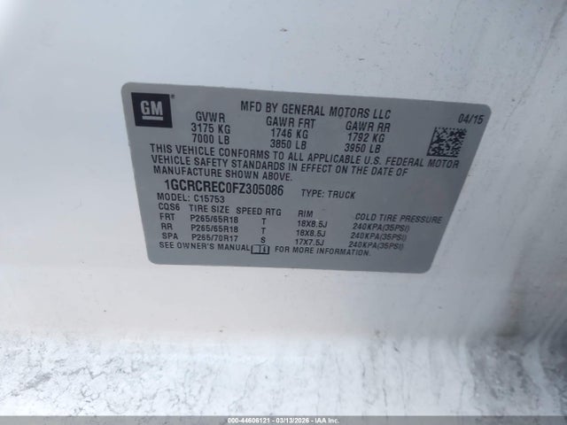 44606121 :رقم المزاد ، 1GCRCREC0FZ305086 vin ، 2015 Chevrolet Silverado 1500 2lt مزاد بيع