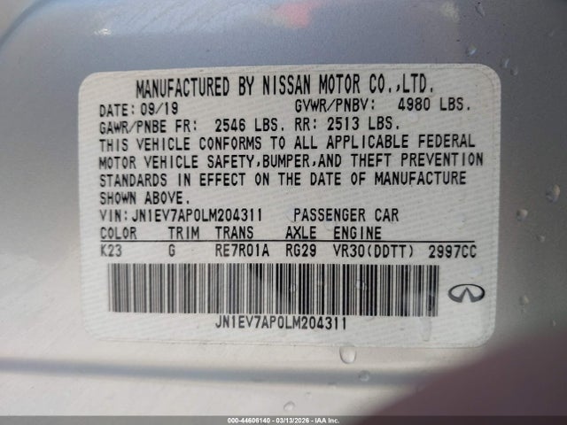 Aukcja sprzedaży 2020 Infiniti Q50 Sport, vin: JN1EV7AP0LM204311, numer aukcji: 44606140