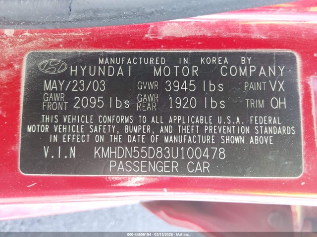 2003 HYUNDAI ELANTRA KMHDN55D83U100478 Photo 8