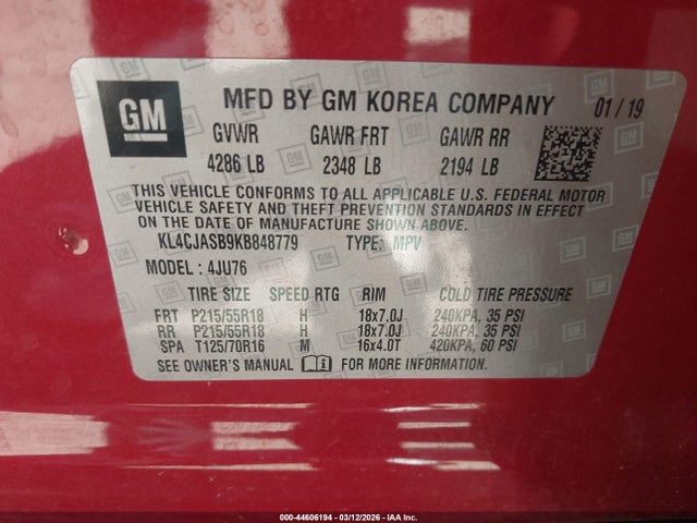 2019 Buick Encore Fwd Preferred მანქანა იყიდება აუქციონზე, vin: KL4CJASB9KB848779, აუქციონის ნომერი: 44606194