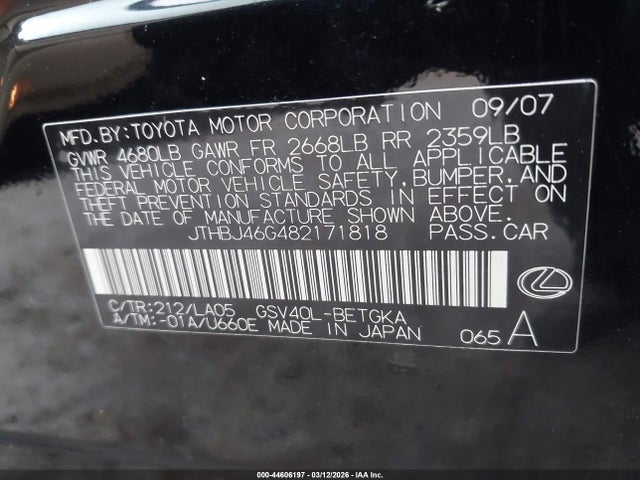 Продаж на аукціоні авто 2008 Lexus Es 350, vin: JTHBJ46G482171818, номер лоту: 44606197