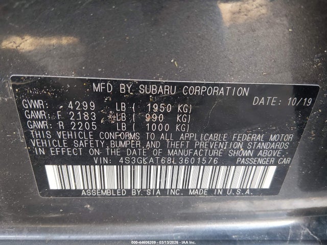 Aukcja sprzedaży 2020 Subaru Impreza Limited, vin: 4S3GKAT68L3601576, numer aukcji: 44606209
