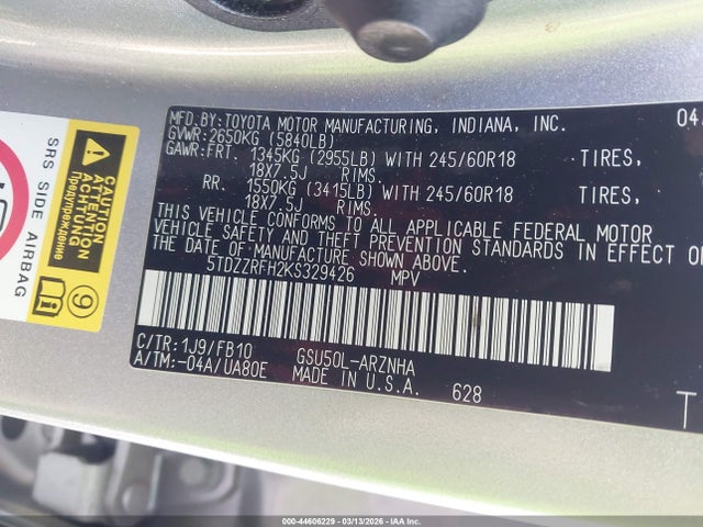 2019 TOYOTA HIGHLANDER 5TDZZRFH2KS329426 Photo 8