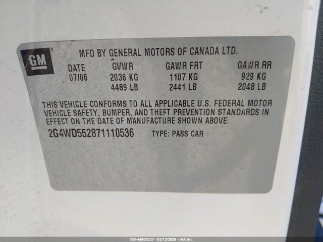 44606237 :رقم المزاد ، 2G4WD552871110536 vin ، 2007 Buick Lacrosse Cxl مزاد بيع
