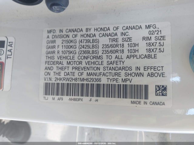 2HKRW2H81MH629366 Honda Cr-v Awd Ex-l