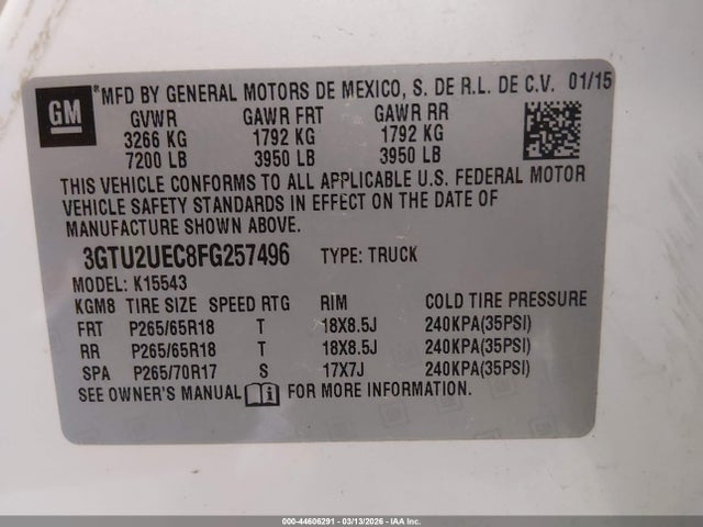 Продаж на аукціоні авто 2015 Gmc Sierra 1500 Sle, vin: 3GTU2UEC8FG257496, номер лоту: 44606291