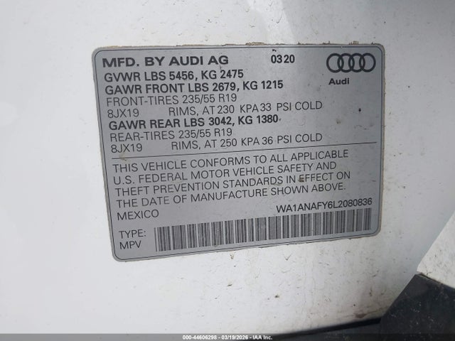 Продажа на аукционе авто 2020 Audi Q5 Premium 45 Tfsi Quattro S Tronic, vin: WA1ANAFY6L2080836, номер лота: 44606298