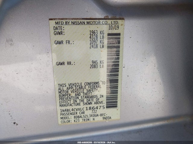 Aukcja sprzedaży 2020 Nissan Altima Sr Fwd, vin: 1N4BL4CVXLC186475, numer aukcji: 44606306