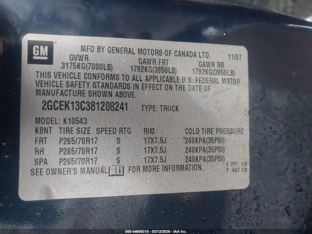 44606310 :رقم المزاد ، 2GCEK13C381208241 vin ، 2008 Chevrolet Silverado K1500 مزاد بيع