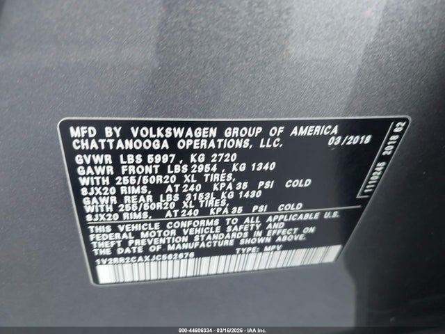 2018 Volkswagen Atlas 3.6l V6 Sel მანქანა იყიდება აუქციონზე, vin: 1V2RR2CAXJC562676, აუქციონის ნომერი: 44606334