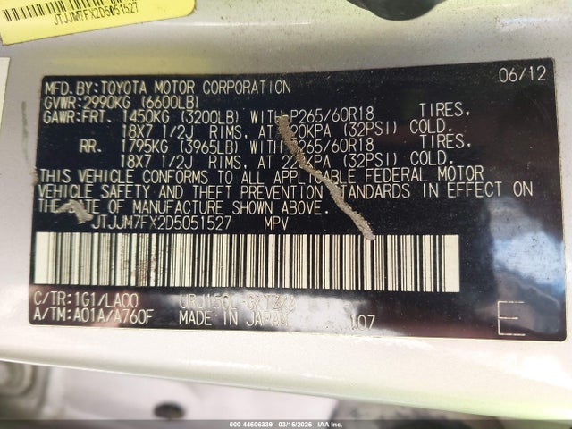 44606339 :رقم المزاد ، JTJJM7FX2D5051527 vin ، 2013 Lexus Gx 460 Premium مزاد بيع