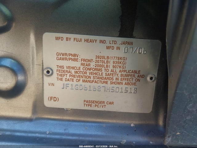 Продаж на аукціоні авто 2007 Subaru Impreza 2.5i, vin: JF1GD61687H501518, номер лоту: 44606341