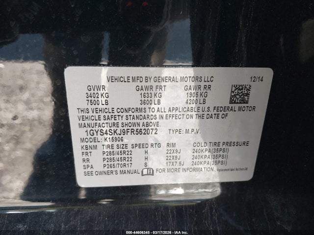 1GYS4SKJ9FR562072 Cadillac Escalade Esv Luxury