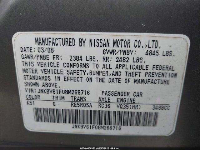 44606350 :رقم المزاد ، JNKBV61F08M269716 vin ، 2008 Infiniti G35x مزاد بيع