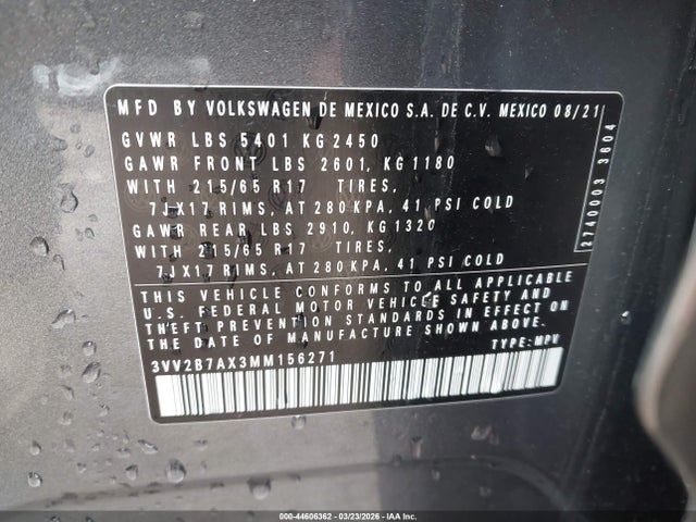 2021 Volkswagen Tiguan 2.0t Se/2.0t Se R-line Black/2.0t Sel მანქანა იყიდება აუქციონზე, vin: 3VV2B7AX3MM156271, აუქციონის ნომერი: 44606362