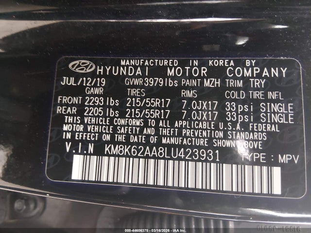 Aukcja sprzedaży 2020 Hyundai Kona Sel Plus, vin: KM8K62AA8LU423931, numer aukcji: 44606375
