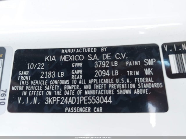 Aukcja sprzedaży 2023 Kia Forte Lxs, vin: 3KPF24AD1PE553044, numer aukcji: 44606380