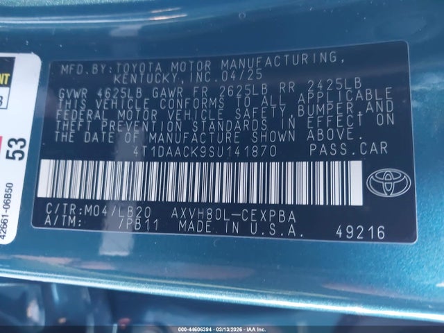 44606394 :رقم المزاد ، 4T1DAACK9SU141870 vin ، 2025 Toyota Camry Xse مزاد بيع