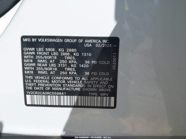 Продажа на аукционе авто 2024 Volkswagen Atlas 2.0t Peak Edition Se W/technology, vin: 1V2CR2CA0RC556841, номер лота: 44606405