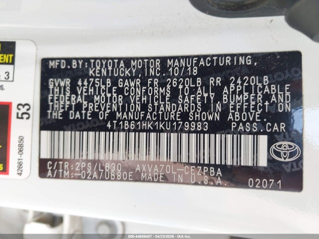 Aukcja sprzedaży 2019 Toyota Camry Xse, vin: 4T1B61HK1KU179983, numer aukcji: 44606407