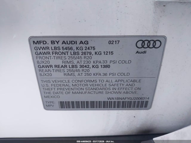 44606425 :رقم المزاد ، WA1BNAFY0J2006314 vin ، 2018 Audi Q5 2.0t Premium مزاد بيع