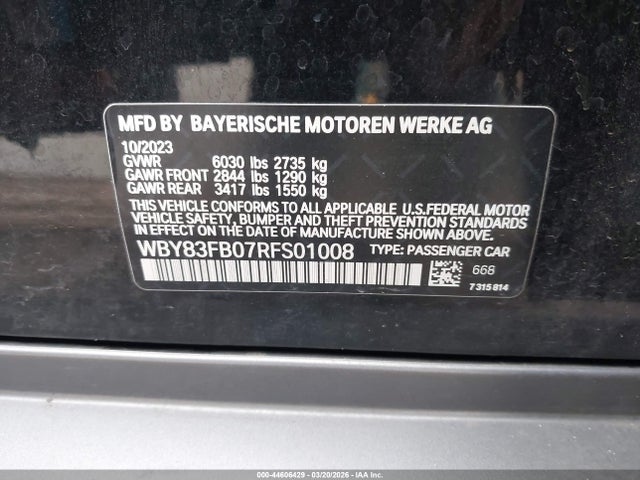 Aukcja sprzedaży 2024 Bmw I4 Gran Coupe Xdrive40, vin: WBY83FB07RFS01008, numer aukcji: 44606429