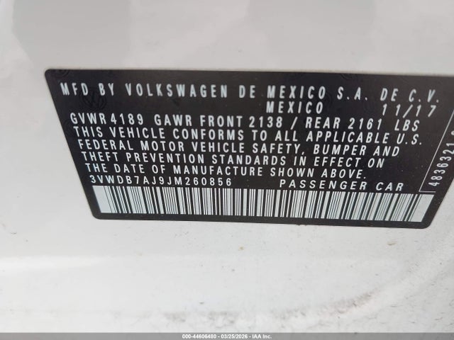 2018 Volkswagen Jetta 1.4t Se/1.4t Wolfsburg Edition მანქანა იყიდება აუქციონზე, vin: 3VWDB7AJ9JM260856, აუქციონის ნომერი: 44606480