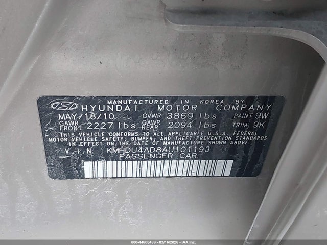 Продаж на аукціоні авто 2010 Hyundai Elantra Gls, vin: KMHDU4AD8AU101193, номер лоту: 44606489