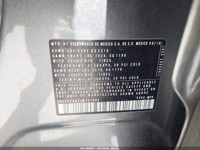 Aukcja sprzedaży 2018 Volkswagen Tiguan 2.0t Se/2.0t Sel, vin: 3VV2B7AX1JM161464, numer aukcji: 44606531