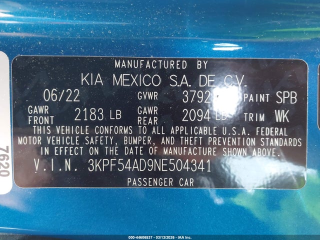 Продажа на аукционе авто 2022 Kia Forte Gt-line, vin: 3KPF54AD9NE504341, номер лота: 44606537