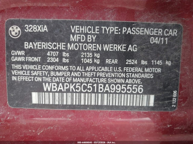Продаж на аукціоні авто 2011 Bmw 328i Xdrive, vin: WBAPK5C51BA995556, номер лоту: 44606540