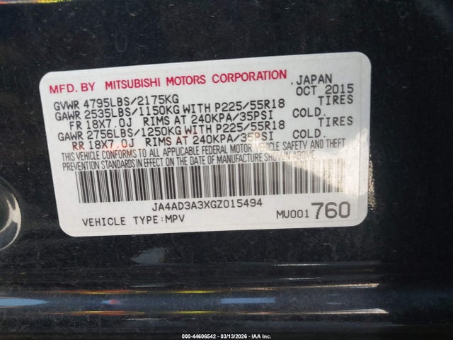 Продаж на аукціоні авто 2016 Mitsubishi Outlander Se, vin: JA4AD3A3XGZ015494, номер лоту: 44606542