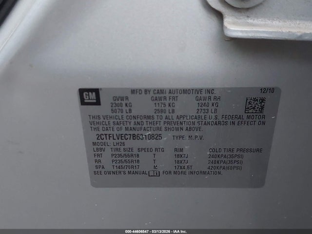 Aukcja sprzedaży 2011 Gmc Terrain Slt-1, vin: 2CTFLVEC7B6310825, numer aukcji: 44606547