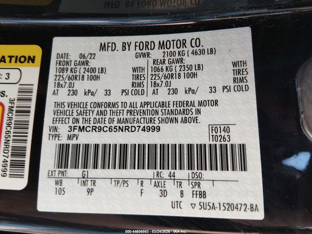 2022 Ford Bronco Sport Outer Banks მანქანა იყიდება აუქციონზე, vin: 3FMCR9C65NRD74999, აუქციონის ნომერი: 44606563