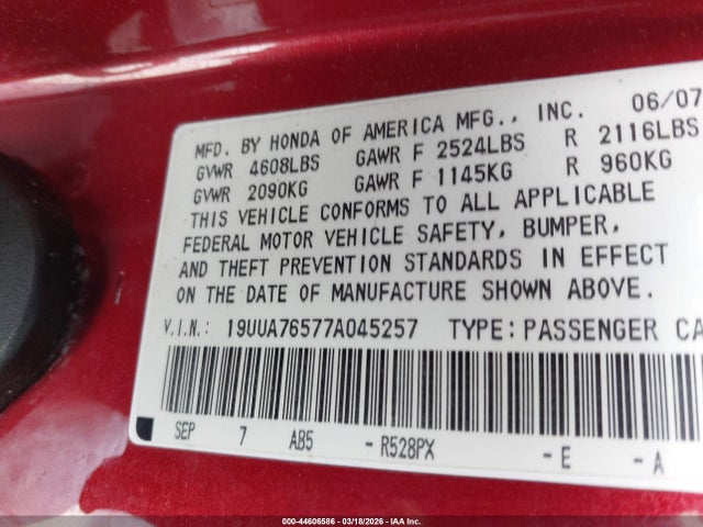 Продаж на аукціоні авто 2007 Acura Tl Type S, vin: 19UUA76577A045257, номер лоту: 44606586