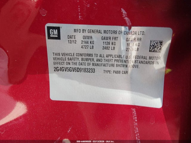 Продажа на аукционе авто 2013 Buick Regal Gs, vin: 2G4GV5GV6D9183233, номер лота: 44606589