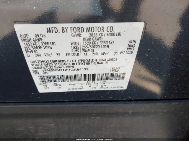 44606595 :رقم المزاد ، 1FM5K8GT2HGA84139 vin ، 2017 Ford Explorer Sport مزاد بيع