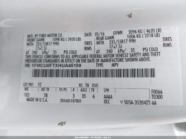 2017 Ford Escape S მანქანა იყიდება აუქციონზე, vin: 1FMCU0F7XHUA45159, აუქციონის ნომერი: 44606609