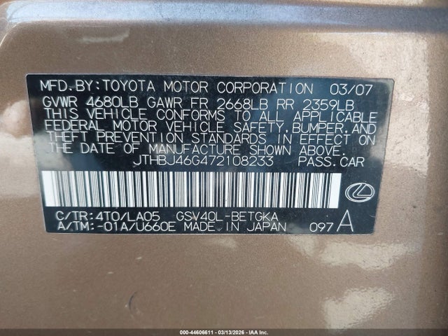 Продажа на аукционе авто 2007 Lexus Es 350, vin: JTHBJ46G472108233, номер лота: 44606611