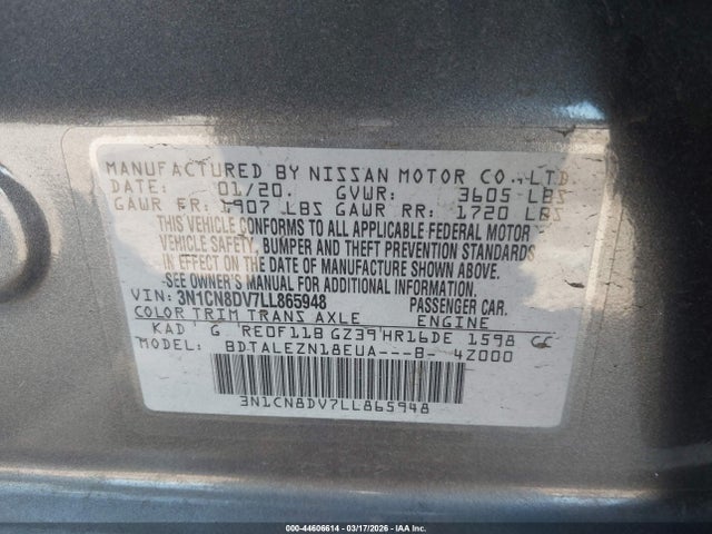 Nissan Versa S Xtronic Cvt 2020 3N1CN8DV7LL865948 Image 9