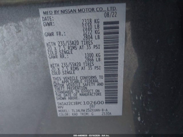 2023 Nissan Murano Sl Fwd მანქანა იყიდება აუქციონზე, vin: 5N1AZ2CJ8PC102600, აუქციონის ნომერი: 44606630