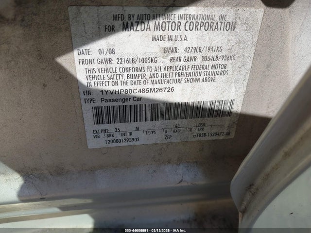 Продаж на аукціоні авто 2008 Mazda Mazda6 I Sport Ve, vin: 1YVHP80C485M26726, номер лоту: 44606651