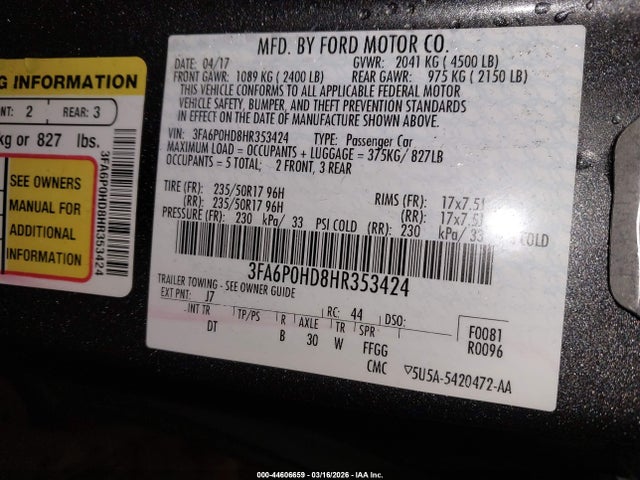 2017 Ford Fusion Se მანქანა იყიდება აუქციონზე, vin: 3FA6P0HD8HR353424, აუქციონის ნომერი: 44606659