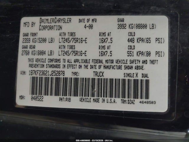 Aukcja sprzedaży 2001 Dodge Ram 2500 St, vin: 1B7KF23621J252878, numer aukcji: 44606660