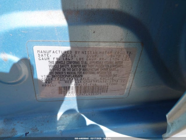 2015 Nissan Versa Note S Plus მანქანა იყიდება აუქციონზე, vin: 3N1CE2CP4FL435329, აუქციონის ნომერი: 44606668