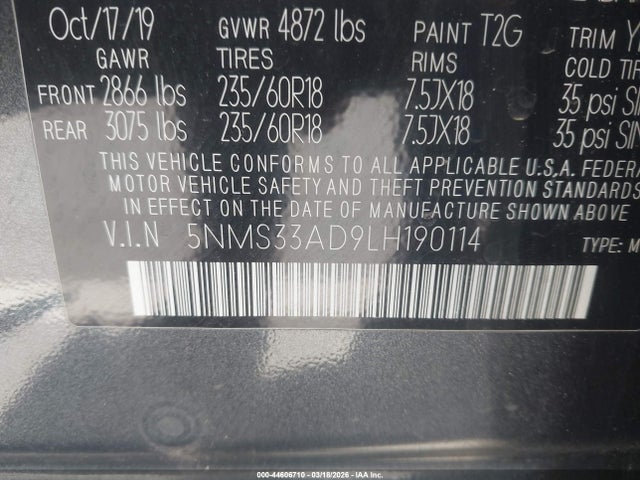 2020 HYUNDAI SANTA FE 5NMS33AD9LH190114 Photo 8