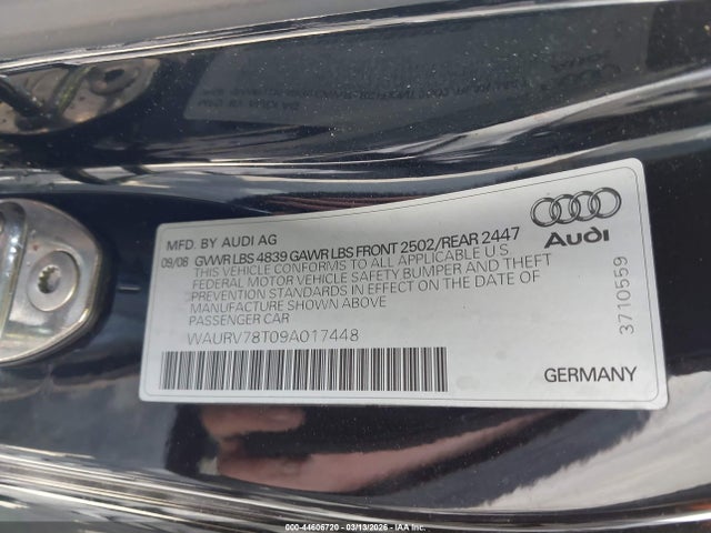 2009 Audi S5 4.2l მანქანა იყიდება აუქციონზე, vin: WAURV78T09A017448, აუქციონის ნომერი: 44606720