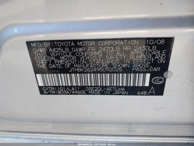 Продаж на аукціоні авто 2009 Lexus Is 250, vin: JTHBK262495092025, номер лоту: 44606724