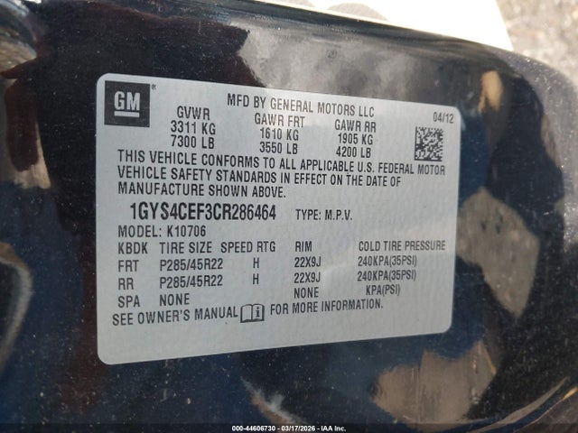44606730 :رقم المزاد ، 1GYS4CEF3CR286464 vin ، 2012 Cadillac Escalade Premium مزاد بيع