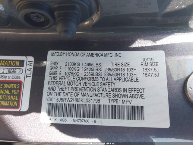 5J6RW2H85KL031798 Honda Cr-v Ex-l